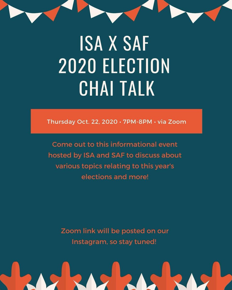 UCSCISA's tweet image. Hello everyone! We are happy to announce that we will be co-hosting a chai talk with UCSC SAF tomorrow at 7PM. This will be like a discussion forum for all students to come and talk about various topics relating to the 2020 elections. We hope to see you there!