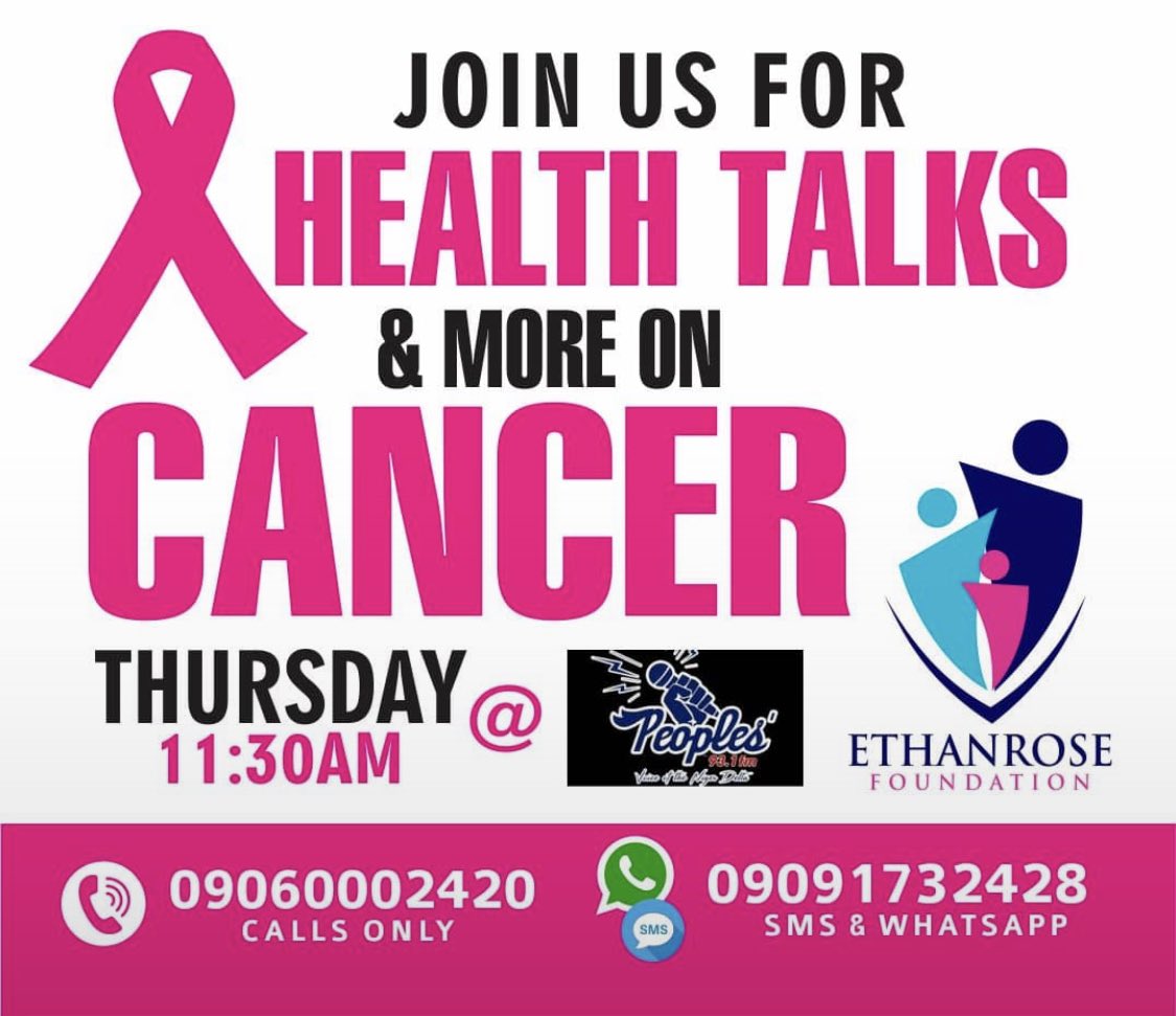 ethanrosefound1's tweet photo. We will be live on Peoples’ 93.1 FM this morning by 11:30AM with Dr Mrs Ibegu to talk about #DeTrek, CANCER and it’s prevention.
Kindly tune in.
#pinktober
#CancerAwarenessMonth
#EthanroseFihndation https://t.co/NfvPJjYqEY