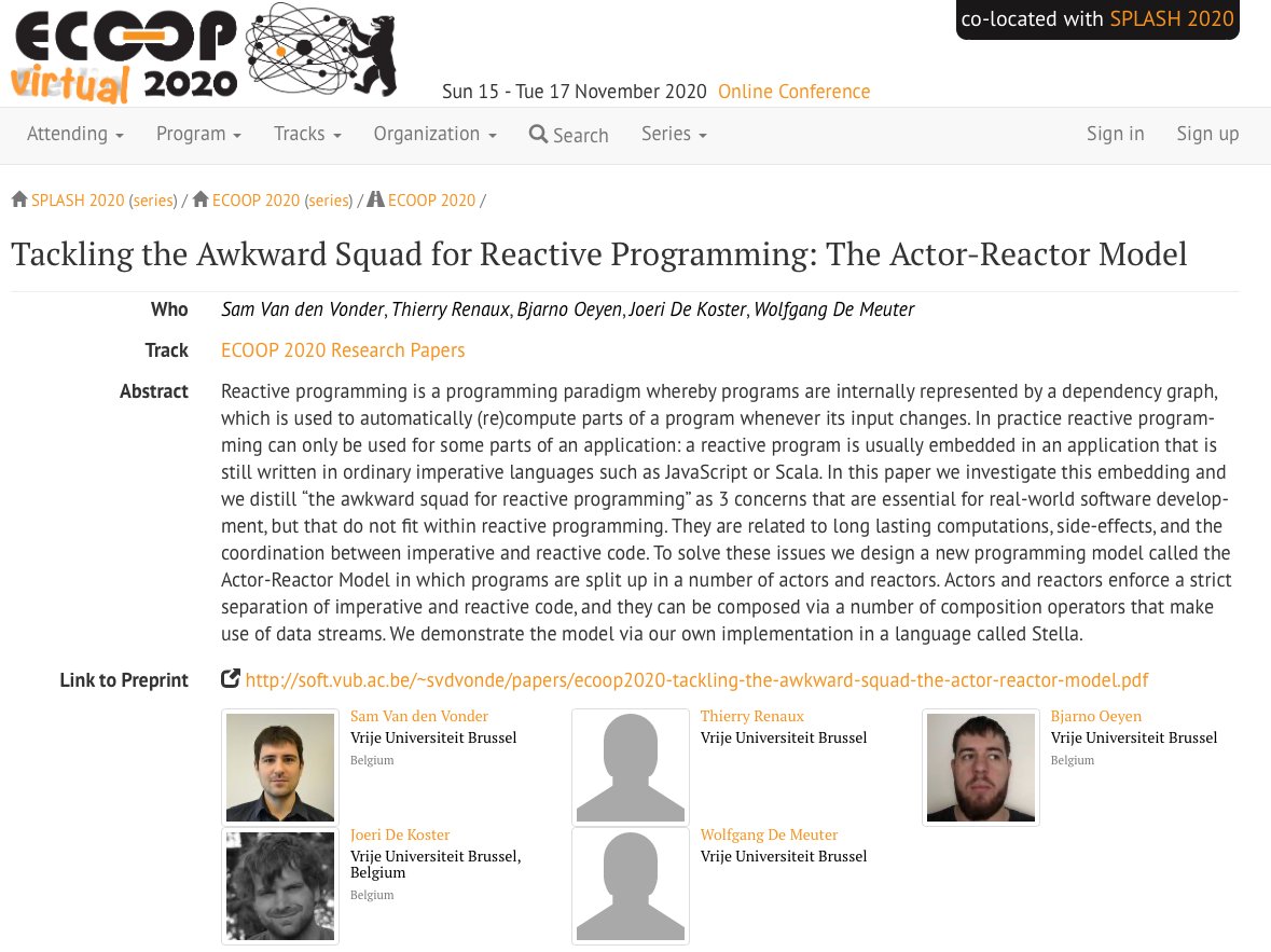 ECOOPconf's tweet photo. “Tackling the Awkward Squad for Reactive Programming: The Actor-Reactor Model” – S. Van den Vonder, T. Renaux, @BjarnoBe, J. De Koster, @wdmeuter. #ecoop20 #research #paper
➡️ https://t.co/y5W6lqYD6S https://t.co/PJSSVKWq1W