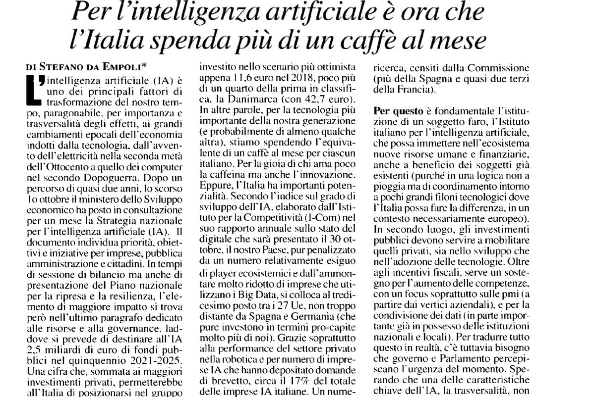 mcanducci's tweet image. . @infocamere: &apos;☕️ Per la gioia di chi ama poco la caffeina ma anche l&apos;#innovazione 
🗞️ &quot;Per l&apos;#IntelligenzaArtificiale è ora che l&apos;Italia spenda più di un caffè al mese&quot; @daempoli su @MilanoFinanza 
#DigitalTransforma… https://t.co/lNEr5fB991, see more tweetedtimes.com/v/22459?s=tnp