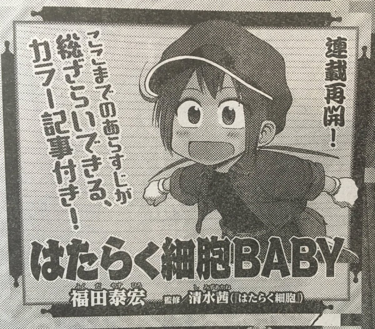 今週のモーニングにはたらく細胞BABYの再開告知が載ってます〜✨
なんと、今までのお話がカラーでおさらいできます☺️
あと1週間ですのでよろしくお願いします✨ 