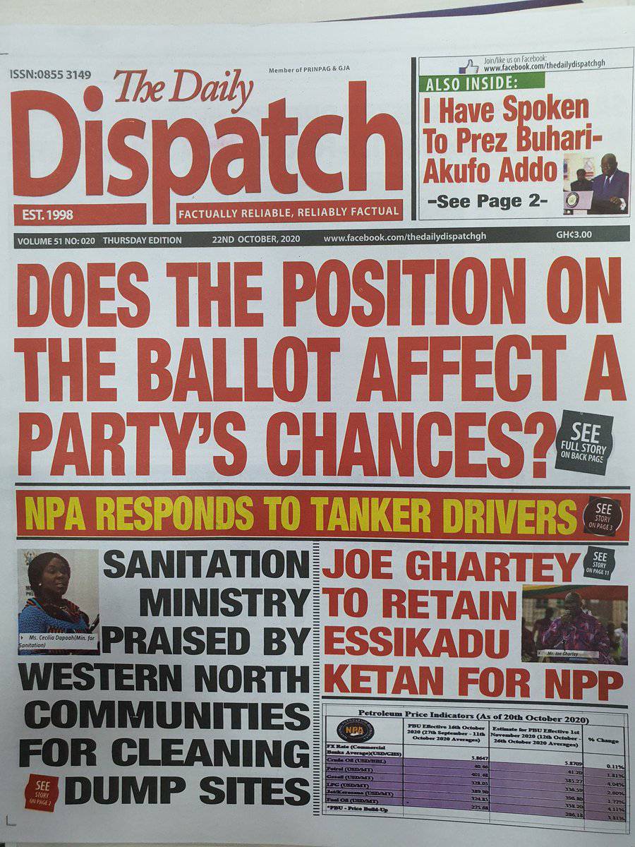 skyfm967's tweet image. Newspaper Headlines, Thursday, 22 October 2020 

#SkyBBS on Bono's🇬🇭no.1 radio📻 station @skyfm967
