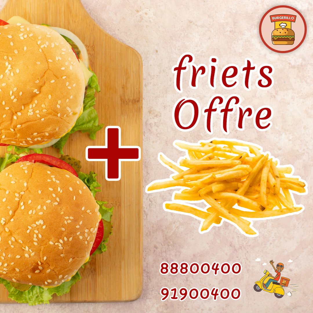 Burgerillo's tweet photo. 🔴 OFFRE SPÉCIALE 🔴
💖 🎉🎆🎁 L'offre Friets 🍔🍟🍹
Achetez 2 sandwichs ==> vous prenez 1 #frite gratuitement
#Burgerillo #niamey #niger #fastfood #offre #burger https://t.co/IablMC8qa1