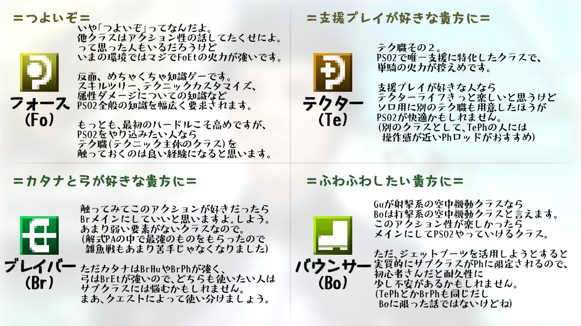 تويتر らびさん 哺乳類 على تويتر 初心者さんにおすすめのクラス 改訂版 昨日のツイートへの反応を受け Hu Fi Ph Br Ph Su Ph Phを加筆 修正しました Pso2 T Co G85lgo7lox