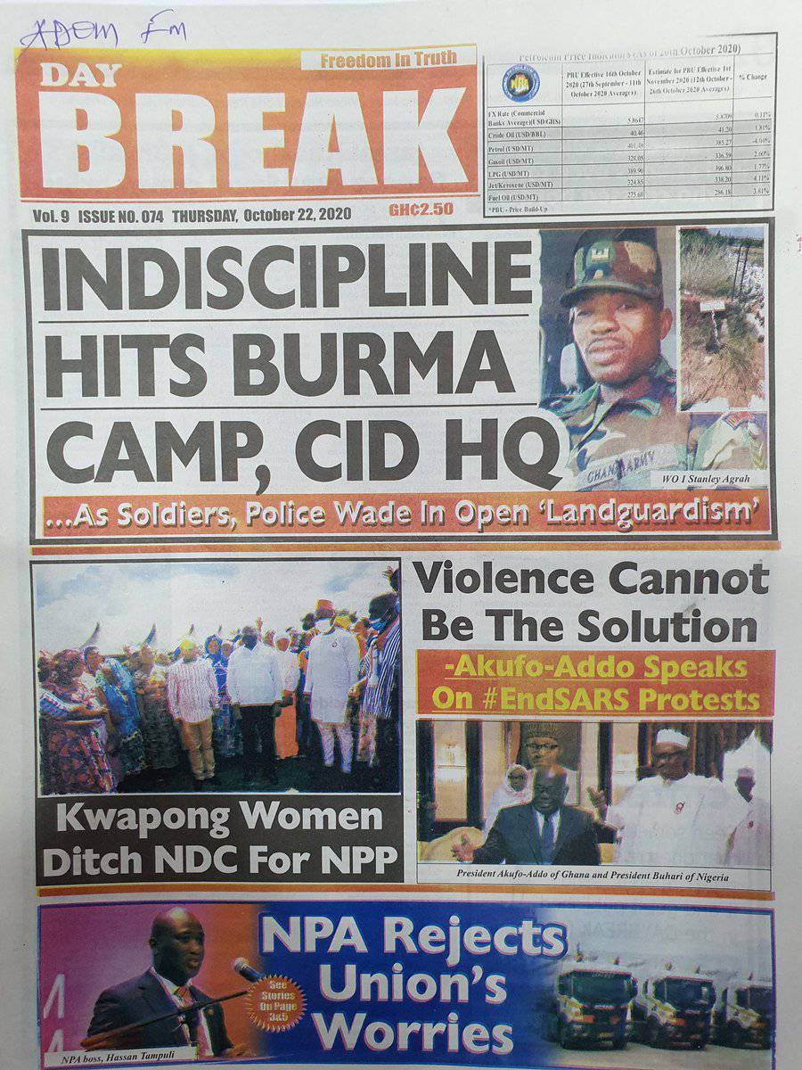 skyfm967's tweet image. Newspaper Headlines, Thursday, 22 October 2020 

#SkyBBS on Bono's🇬🇭no.1 radio📻 station @skyfm967