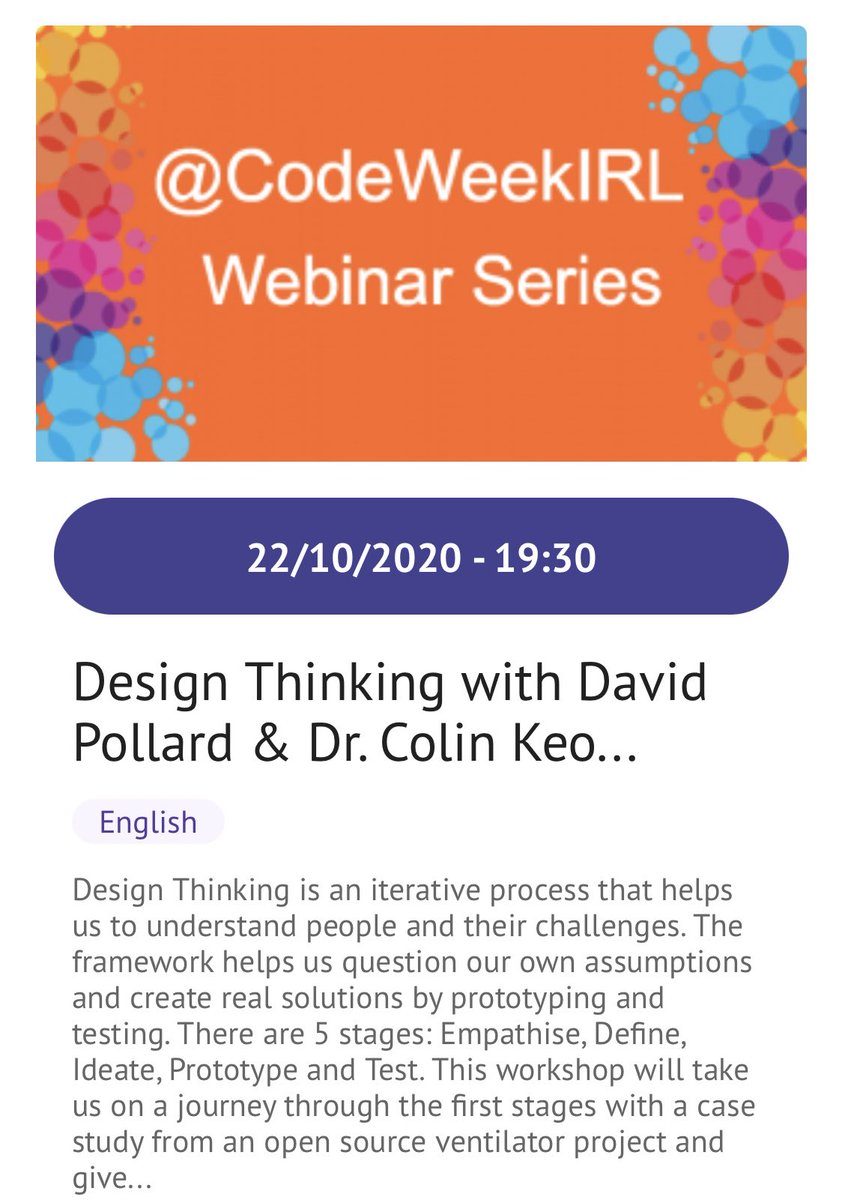 DavidPollardIRL's tweet image. 🤖 @sapieninnovate are featured on @CodeWeekEU! 👾
Tonight at 7.30 @ColinJ_Keogh and I will run an Introduction to Design Thinking presentation for coders and non-coders. #CodeWeek
codeweek.eu/featured-activ… #CodeWeek2020