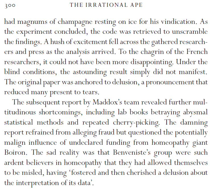 So confident of validation was Benveniste that he had a press conference with magnums of cooled champagne ready to go. But sadly for him, Randi and the team merely showed the French researchers had utterly deluded themselves - homeopathy was and remains a fiction (7/n)