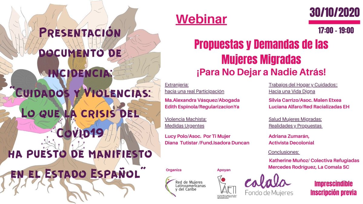 RedLatinas's tweet photo. El 𝟯𝟬/𝟭𝟬 a las 𝟭𝟳𝗵 te invitamos al Webinar "𝐏𝐫𝐨𝐩𝐮𝐞𝐬𝐭𝐚𝐬 𝐲 𝐃𝐞𝐦𝐚𝐧𝐝𝐚𝐬 𝐝𝐞 𝐥𝐚𝐬 𝐌𝐮𝐣𝐞𝐫𝐞𝐬 𝐌𝐢𝐠𝐫𝐚𝐝𝐚𝐬"

Dirigida activistas, organizaciones y entidades vinculadas al movimiento feminista y migrante

Inscríbete aquí: https://t.co/pt5mnyN5qo https://t.co/Om1dmuVa4E