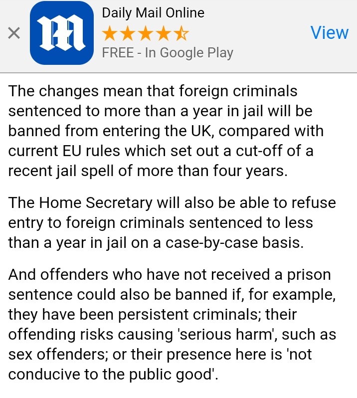 1er janvier 2021= le Royaume-Uni va interdire l'entrée de son territoire à tous les étrangers - y compris Européens-- qui ont été condamnés qque part à une peine de prison. 'Trop longtemps l'UE nous a forcé à accepter des criminels étrangers' declare la Ministre de l'Intérieur.🇬🇧