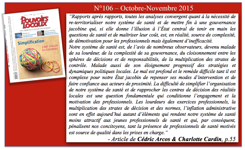 PouvoirsLocaux's tweet photo. ✒️#Extraitdelecture #PouvoirsLocaux n°106 – 2015. Article de Cédric Arcos & Charlotte Cardin „Système de santé : faire vivre la simplification par les territoires“
#rétrospective #Santé #Décentralisation #Proximité
📚→ La collection sur -> : https://t.co/iAITHxjamc
@cedricarcos https://t.co/gx0VfSDvgH