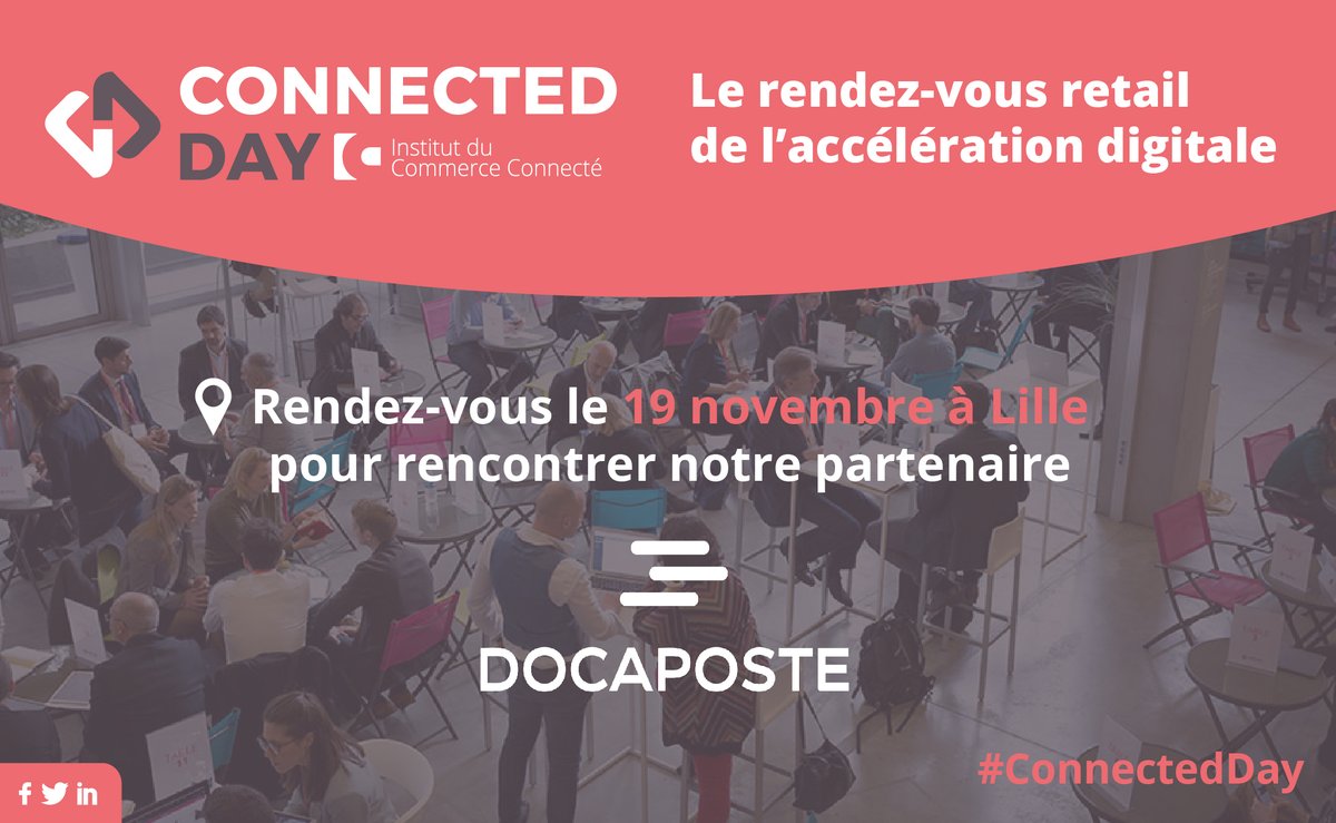 [#CONNECTEDDAY 2020] Retrouvez <a href="/Docapost/">Docaposte</a>, partenaire du Connected Day, le rendez-vous retail de l'accélération digitale, le 19 novembre à Lille. Inscrivez-vous dès maintenant : lnkd.in/diQaR46
#iccstartupawards #retail #retailtech #retailers