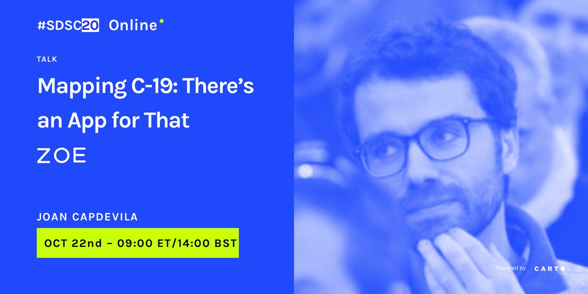 CARTO (@carto) on Twitter photo 🚨 5 min warning! #SDSC20 day 4 is about to begin with #DataScientist <a href="/CapdevilaPujol/">Joan Capdevila Pujol</a> who will explain the story behind the #COVIDSymptomStudy app by <a href="/Join_ZOE/">join_zoe</a>, <a href="/KingsCollegeLon/">King's College London</a>, & <a href="/timspector/">Tim Spector MD (Prof)</a> & how postcode data is helping to get the most out of it.
👀 hubs.ly/H0ynBcV0 🚨 5 min warning! #SDSC20 day 4 is about to begin with #DataScientist <a href="/CapdevilaPujol/">Joan Capdevila Pujol</a> who will explain the story behind the #COVIDSymptomStudy app by <a href="/Join_ZOE/">join_zoe</a>, <a href="/KingsCollegeLon/">King's College London</a>, & <a href="/timspector/">Tim Spector MD (Prof)</a> & how postcode data is helping to get the most out of it.
👀 hubs.ly/H0ynBcV0
