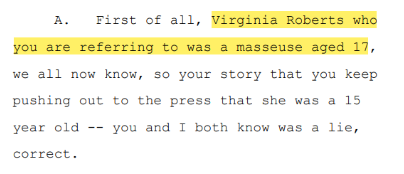 Ghislaine Maxwell admits that Epstein's masseuse was a minor.Maxwell: "Virginia Roberts (Giuffre) who you are referring to was a masseuse aged 17."Was [redacted girl] 13 years old when you met her?Maxwell: "I have no idea."