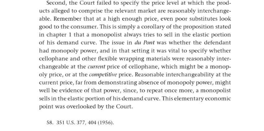 This is because of something called the “cellophane fallacy”.In simplified terms: when a firm imposes a monopoly price, consumers switch towards goods that they would not otherwise perceive as substitutes.From Richard Posner's seminal Antitrust book: