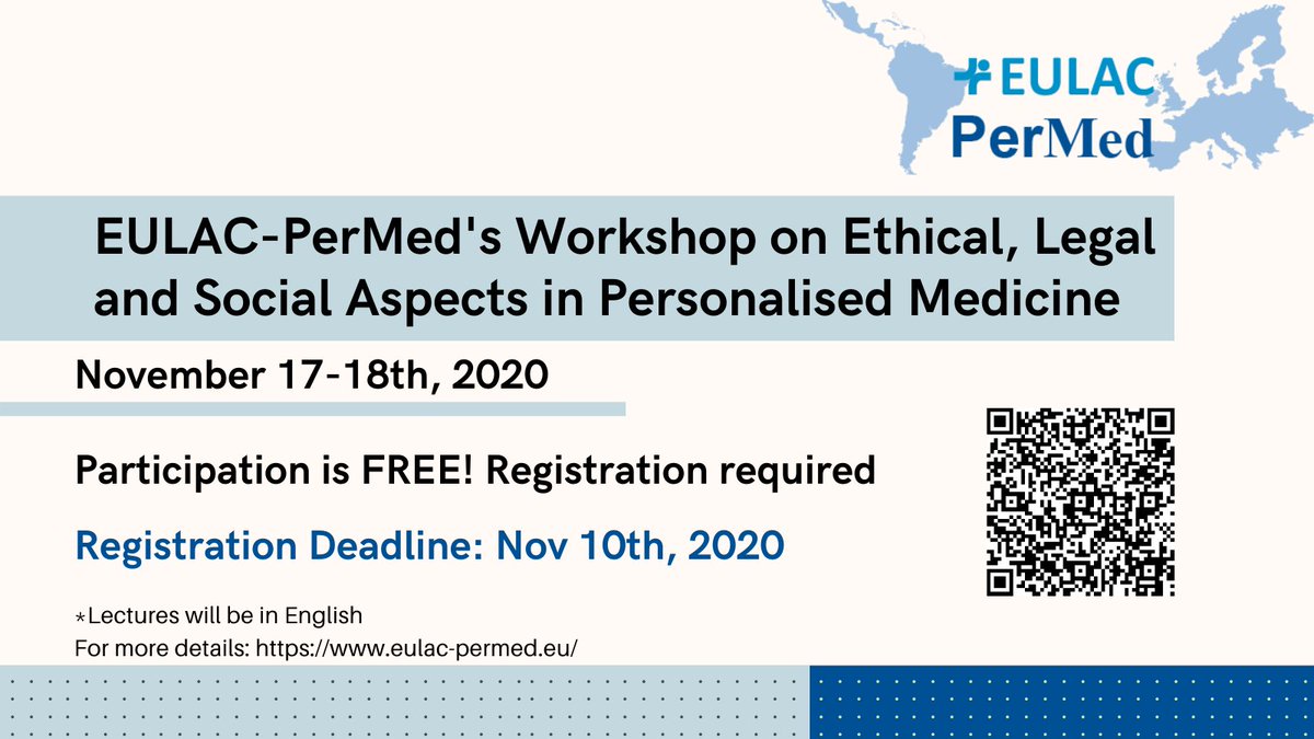 Hola! Te interesa la medicina de precisión? No te pierdas el taller internacional de @EULACPerMed sobre "Aspectos éticos, legales y sociales de la Medicina Personalizada" el 17 y 18 de noviembre! Actividad gratuita, regístrate aquí surveymonkey.com/r/ELSA_worksho…