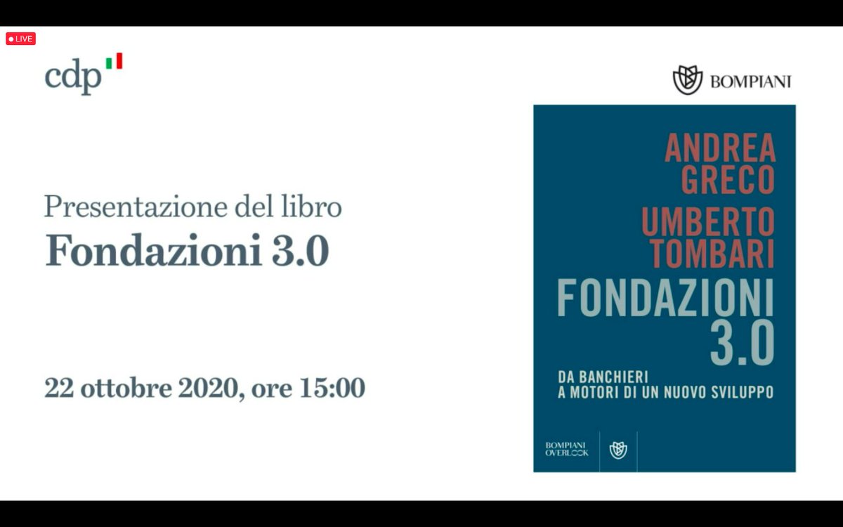 CSP_live's tweet photo. Inizia la presentazione del libro di @andreagreco71 e Umberto Tombari “Fondazioni 3.0. Da banchieri a motori di un nuovo sviluppo” @libribompiani, presso @GruppoCDP. Partecipa anche il #PresidenteCSP #FrancescoProfumo. Modera Laura Serafini @sole24ore https://t.co/VF73QIV3xA