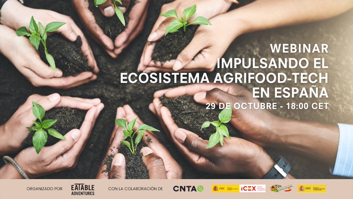EmprendeGastro's tweet photo. 📢No te pierdas el próximo Webinar de @eatableadv junto a @CNTA_CIT @ICEX_ y @Food4LifeSPAIN: “Impulsando el ecosistema Agrifood-tech en España” el día jueves 29 de octubre para analizar todas las oportunidades que presenta el #AgriFootech en España 🌱👇
https://t.co/FluiIINTMX https://t.co/QBkv89Deo4