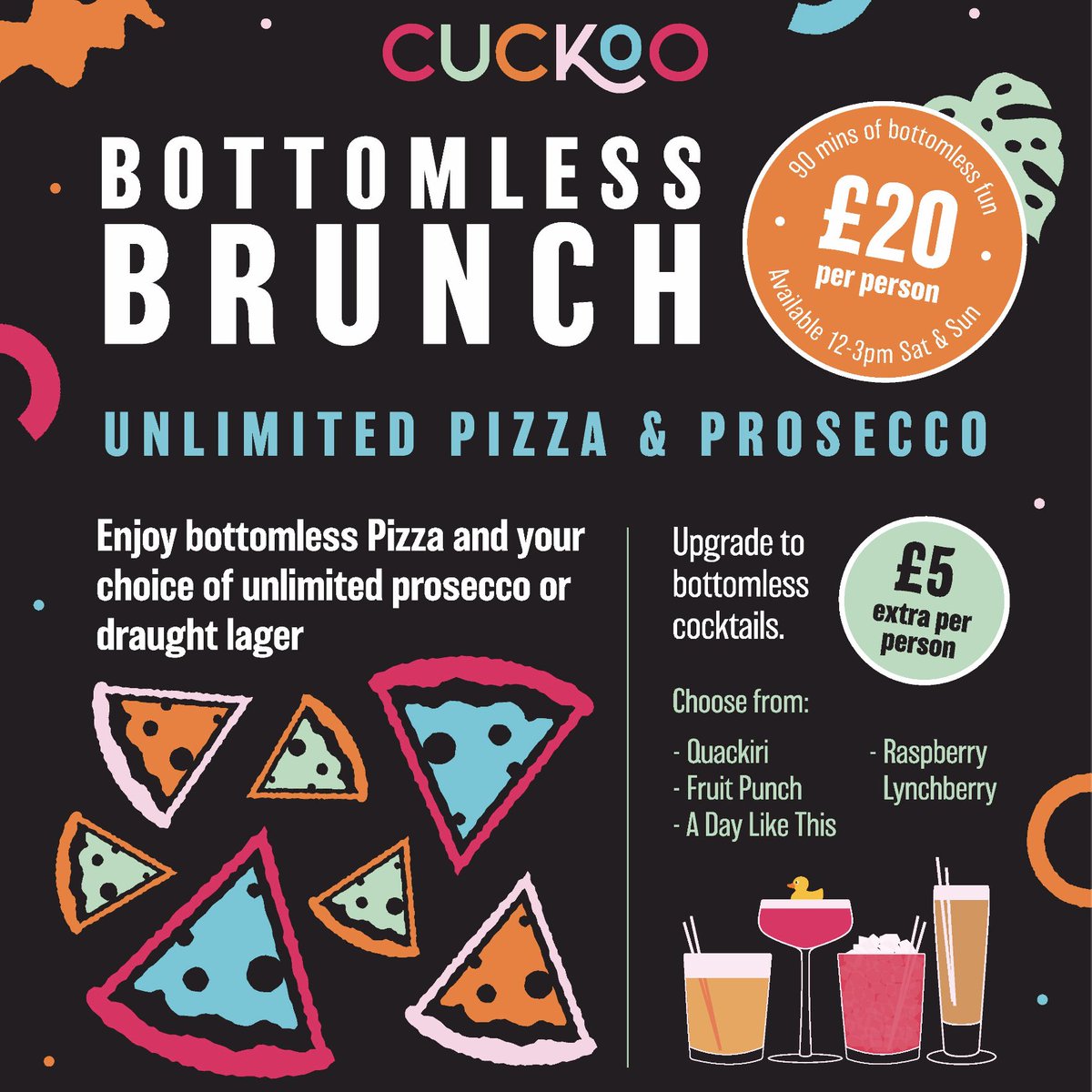Make the most of our incredible Bottomless brunch deal and get unlimited Pizza and Prosecco for only £20 per person 🥰

Upgrade to bottomless cocktails for an extra £5 per person - Visit our website to book your 90-minute slot with us: cuckooleeds.co.uk 📲

#CuckooLeeds