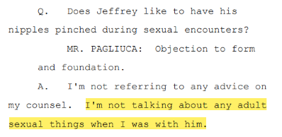 Question: "Does Jeffrey (Epstein) like to have his nipples pinched during sexual encounters?"Maxwell: "I'm not talking about any adult sexual things when I was with him."
