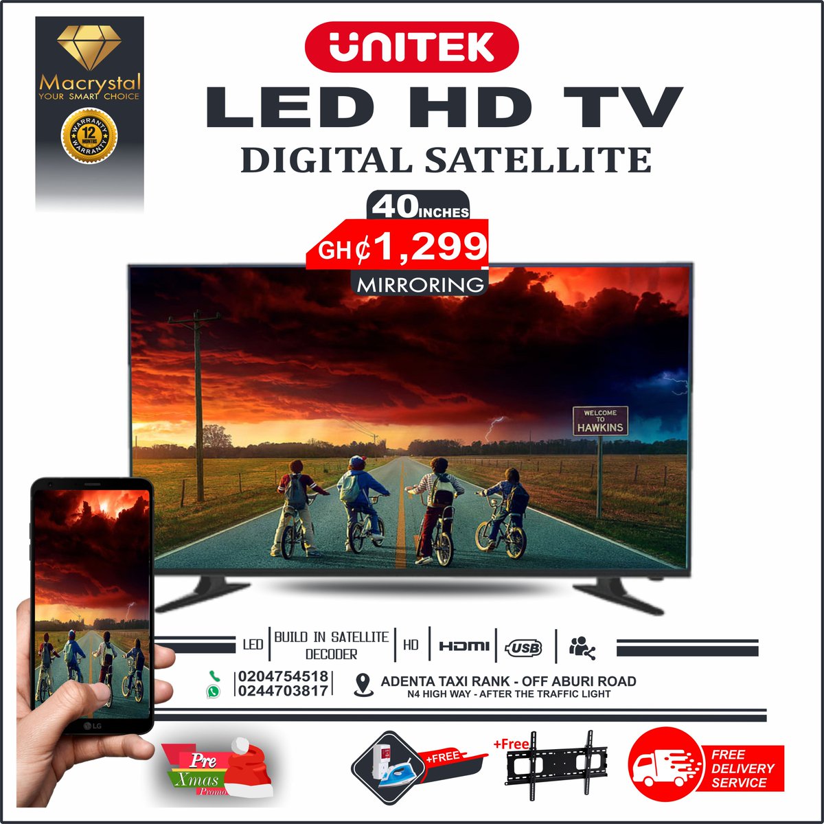 MacrystalGhLtd's tweet photo. RUSH HOUR IS HERE!
PRE XMAS PROMO!
 Free Tv Guard
 Free Iron
 Free Wall Bracket
When you buy any of our Unitek Tv.
     SPECIAL PACKAGES ON ALL OF OUR PRODUCT WITH A MASSIVE DISCOUNTS.
FOR MORE ENQUIRIES CALL OR WHATSAPP: 0204754518 / 0244703817. https://t.co/I9E8wdBETg