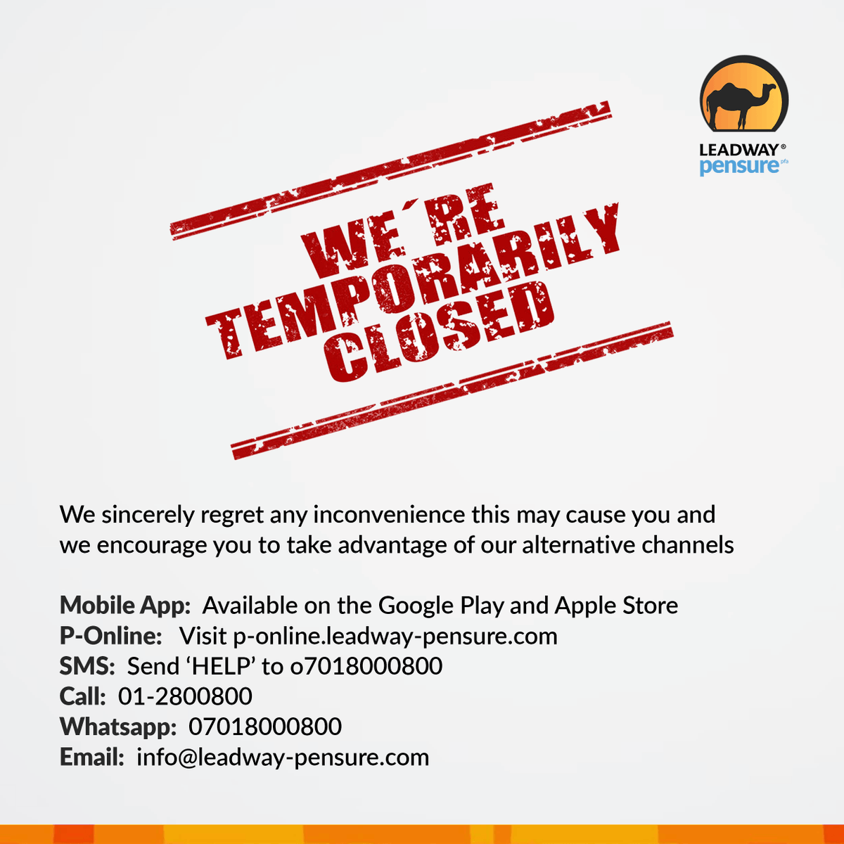 LeadwayPFA's tweet photo. A gentle reminder that our offices in Lagos and some other parts of the country are still temporarily closed due to the unrest. We implore everyone to stay safe and be vigilant https://t.co/mEiQY51kv7