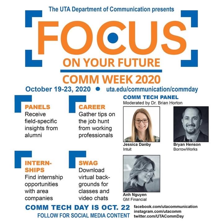 UTACommDay's tweet photo. Journalism and Communication Technology will each have an alumni Instagram takeover today! Watch our Instagram (utacomm) at 11 a.m. for journalism and 2 p.m. for communication technology.  #UTACommDay2020 #UTACommWeek #focusonyourfuture https://t.co/LKii0qenUU