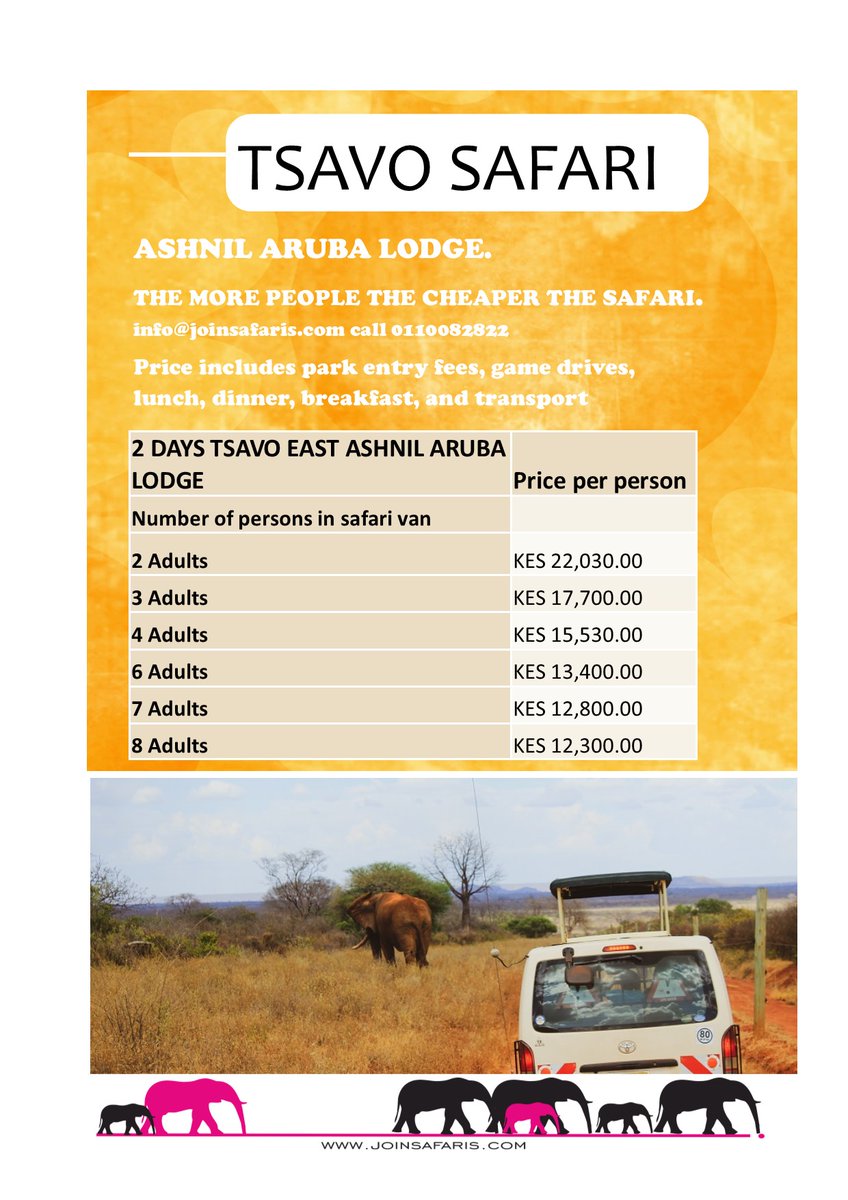 Tsavo east safari overnight at Ashnil Aruba lodge. Budget  shared safaris, joinsafaris.com