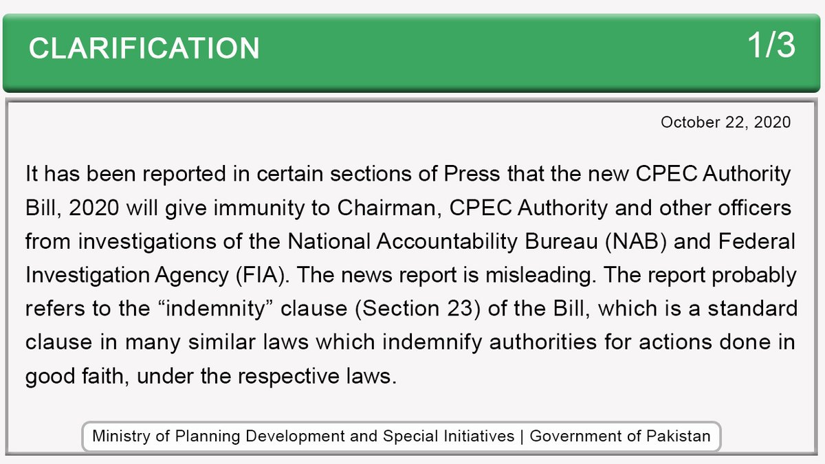 PlanComPakistan's tweet photo. It has been reported in certain sections of Press that new CPEC Authority Bill, 2020 will give immunity to Chairman, CPEC Authority & other officers from investigations of National Accountability Bureau (NAB) and Federal Investigation Agency (FIA).The news report is misleading https://t.co/Px14bD3MM4