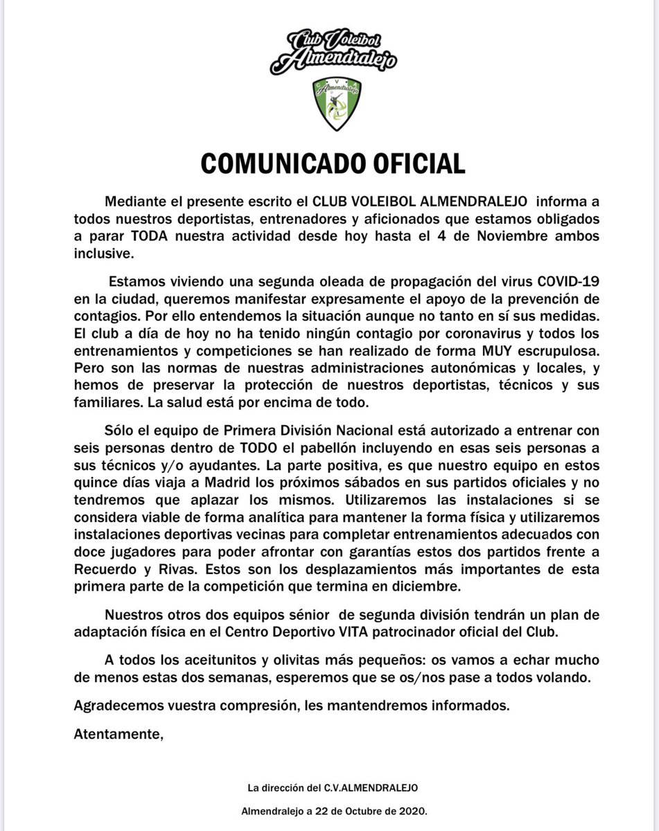 radiogolex's tweet photo. NOTICIA 

El Club Voleibol Almendralejo de Primera Nacional tendrá que irse a entrenar fuera de la localidad para poder hacer sesiones con más de 6 personas 

👉🏼 No les permiten hacer deporte con más de 6 personas en ningún polideportivo de la ciudad por el aislamiento perimetral https://t.co/HeiHHfCilU