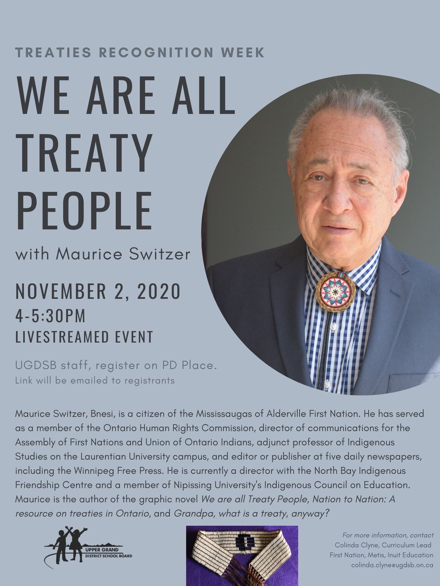 Starting off #TreatiesRecognitionWeek in <a href="/ugdsb/">Upper Grand DSB</a> with Maurice Switzer speaking about the treaty relationship. 2 November, 4-5:30 livestreamed. Open to all staff. Register on PD Place. Link will be emailed to registrants. Please join us #ugdsb