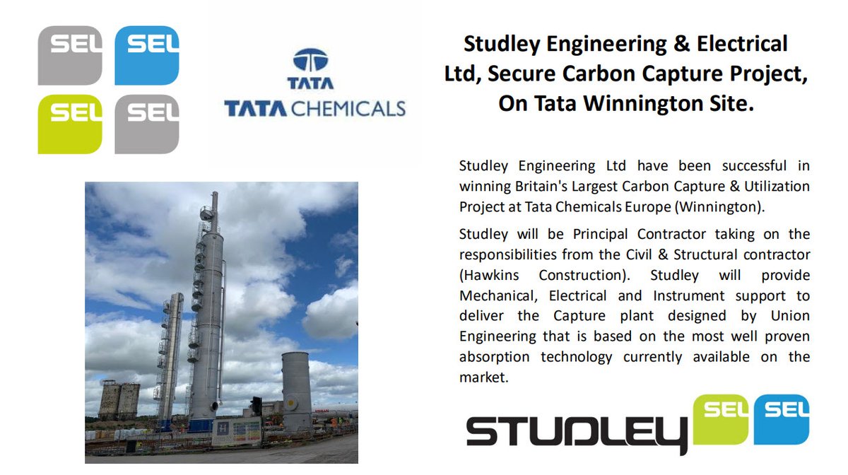 StudleyLimited's tweet photo. Studley ME&amp;I have been successful in securing Britain's largest Carbon Capture and Utilization Project at Tata Chemicals Europe.
#Studley #Engineering #Mechanical #Electrical #PrincipalContractor #TataChemicals #Success https://t.co/605wuMAXPd