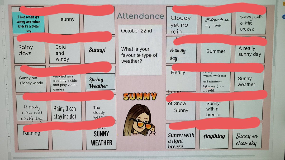 MsEcclestone's tweet photo. This morning I couldn't hear anyone speaking on Google Meet #VirtualProblems ...instead of panicking I borrowed a brilliant attendance idea from @MsMasseyJ , students enjoyed this interactive attendance method @VEN_HDSB https://t.co/9dXf62gXsF