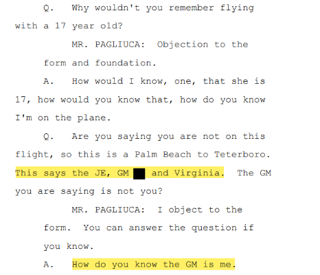 Maxwell is asked about flying on Epstein's plane with a 17 year old.Maxwell: "How would I know.. that she is 17?"She's shown flight logs saying Epstein (GE), GM (Maxwell), and minor Virginia.Maxwell: "How do you know the GM is me." 