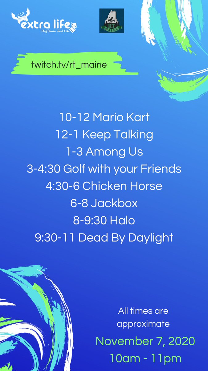 RTMaine's tweet photo. #ExtraLife is going to look a little different this year...but it's still going to be a lot of fun playing games to help kids. What more could you want? A schedule? Oh, I have that too! https://t.co/aFvJuq8eXB