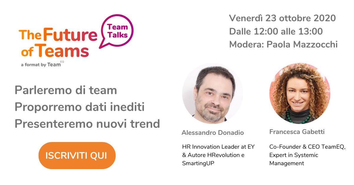 team_eqi's tweet photo. 📣 - 1 GIORNO ALL’EVENTO DIGITALE “THE FUTURE OF TEAMS”!

Condivideremo e commenteremo i dati inediti dell’Osservatorio Pulse di TeamEQ con @Ale_Donadio e @FrancyGabetti 

Vi aspettiamo!👉https://t.co/p5G8AJfkol

#teamintelligence #hrtrends #dataanalytics #smartdata #italiano https://t.co/oh4qZmhLUr