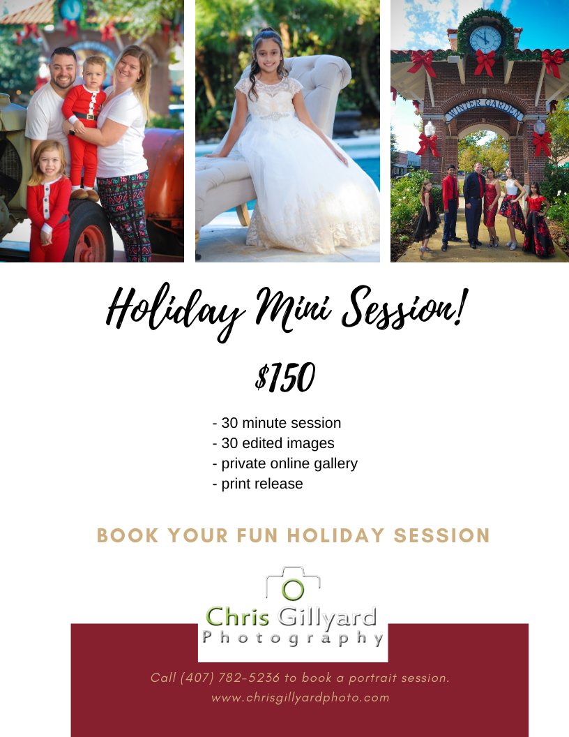 The holiday season is quickly approaching. Contact us today for your holiday portrait session 407-782-5236 or info@chrisgillyardphoto.com
