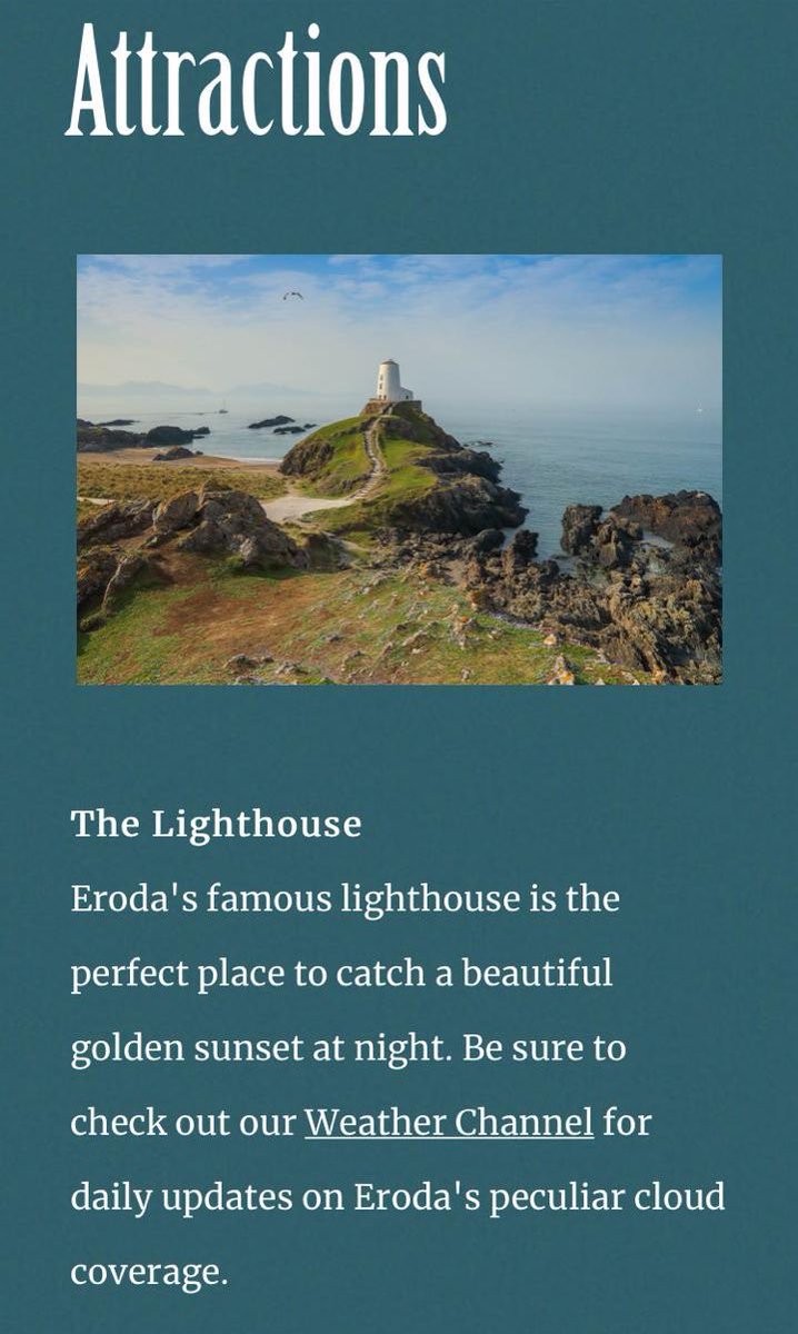 the eroda website just changed to say the lighthouse is “the perfect place to catch a golden sunset.” we made it ends with the two lovers walking off underneath a golden sunset, free at last.