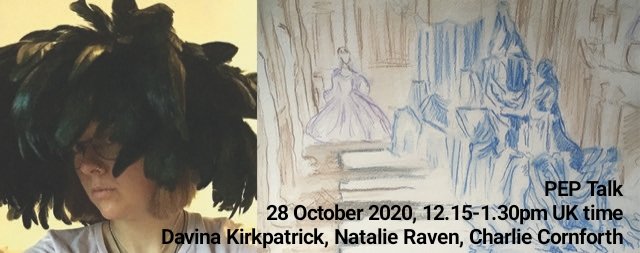 You are invited to our next Performance.Experience.Presence (PEP) Talk: 28 October 12.15-1.30pm UK time. Presentations about practice-research by Charlie Cornforth and Drs <a href="/DavinaKirkpatri/">Davina Kirkpatrick</a> &amp; @NatalieRavenArt. Contact @roberta_mock if you haven't received a zoom invite &amp; want one.