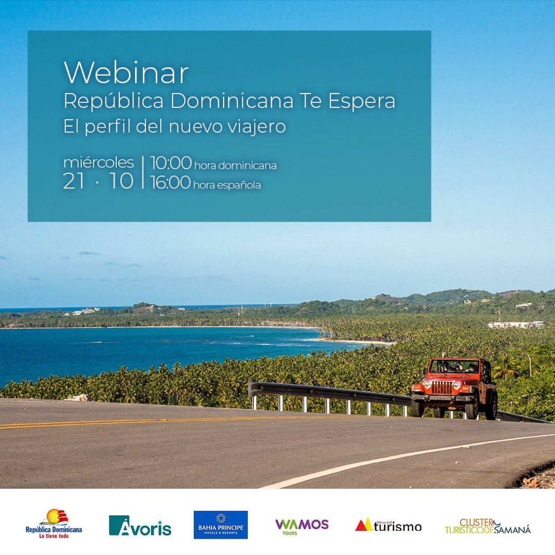 Los invitamos al webinar de hoy, miércoles 21 de octubre, a las 10:00AM, "República Dominicana Te Espera: El perfil del nuevo viajero" 🏝 organizado por @MTurismoRD y <a href="/GoDomRep/">Dominican Republic</a> #RDLaRepublicaDelMundo 

📲shorturl.at/fEQV8
🔐 114074