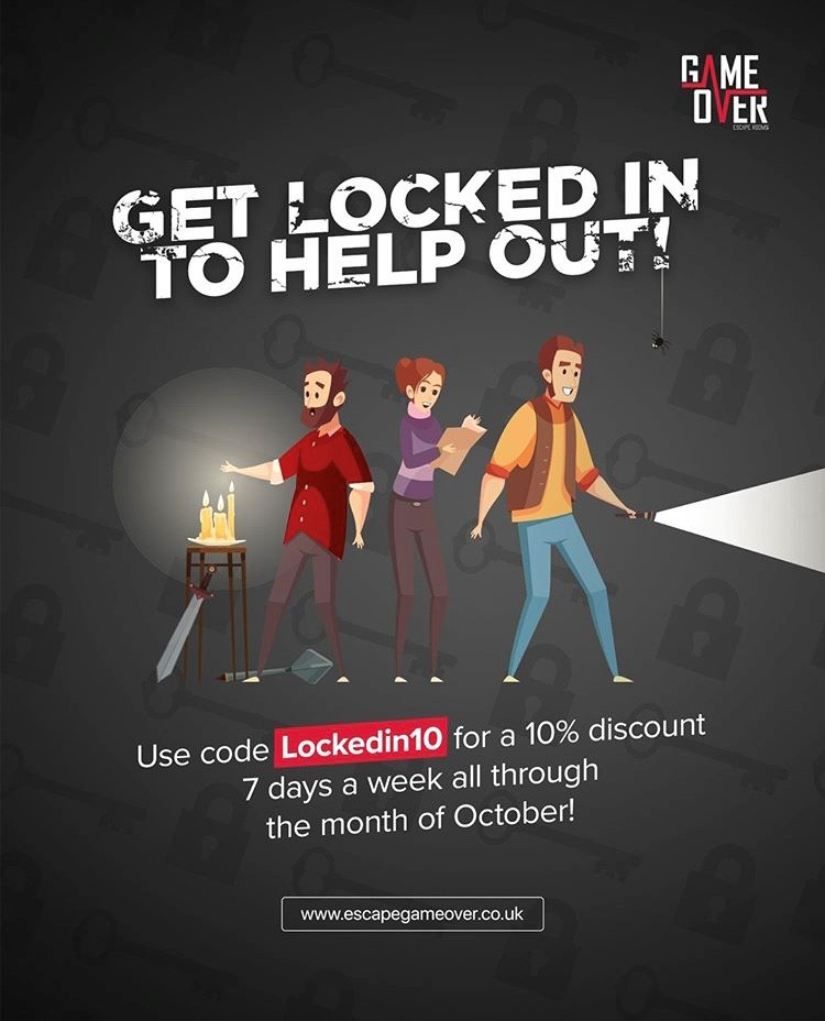 Escape_GameOver's tweet photo. We're all Lockdown pro's by now!
Use code 'Lockedin10' for 10% discount throughout all of October.
#derby #escaperoomsderby #gameoverderby #derbystudent #DerbyUni #discount https://t.co/52BkI1pjaN