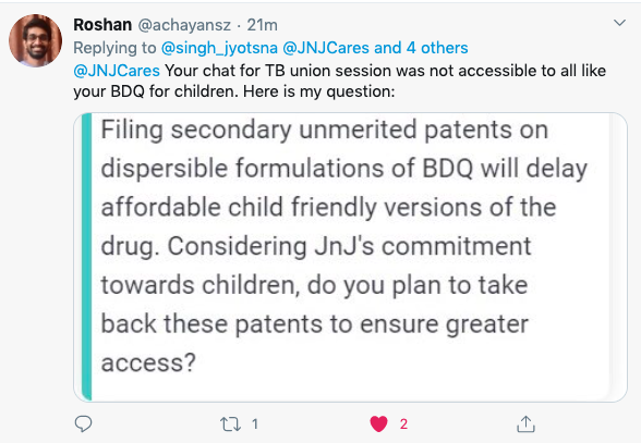 runjuntweeting's tweet photo. In 51st #UnionConf @JNJNews organises session on 'Approaches to improve TB case finding and treatment outcomes in children' while pursuing patents for the paediatric formulation of the same drug that they have had patent + monopoly for last 17 years. #EndMonopoly #NoEverGreening https://t.co/MW0QBlXaeS
