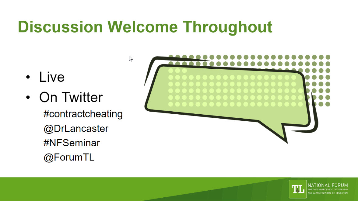 And we're OFF
The Business of Contract Cheating
NF Seminar Series
Hosted by IT Carlow
<a href="/ForumTL/">National Forum T&L</a> @TheUSI <a href="/DrLancaster/">Thomas Lancaster</a> <a href="/USI_Education/">Bryan O'Mahony - USI Academic Affairs</a> 
#contractcheating #myownwork #nfseminar
