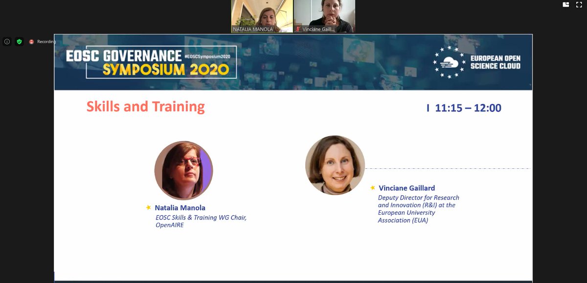 OpenAIRE_eu's tweet image. 📣#EOSCSymposium2020 now @nataliamanola &amp;amp; Vinciane Gaillard from @euatweets presenting Skils and Training in #EOSC