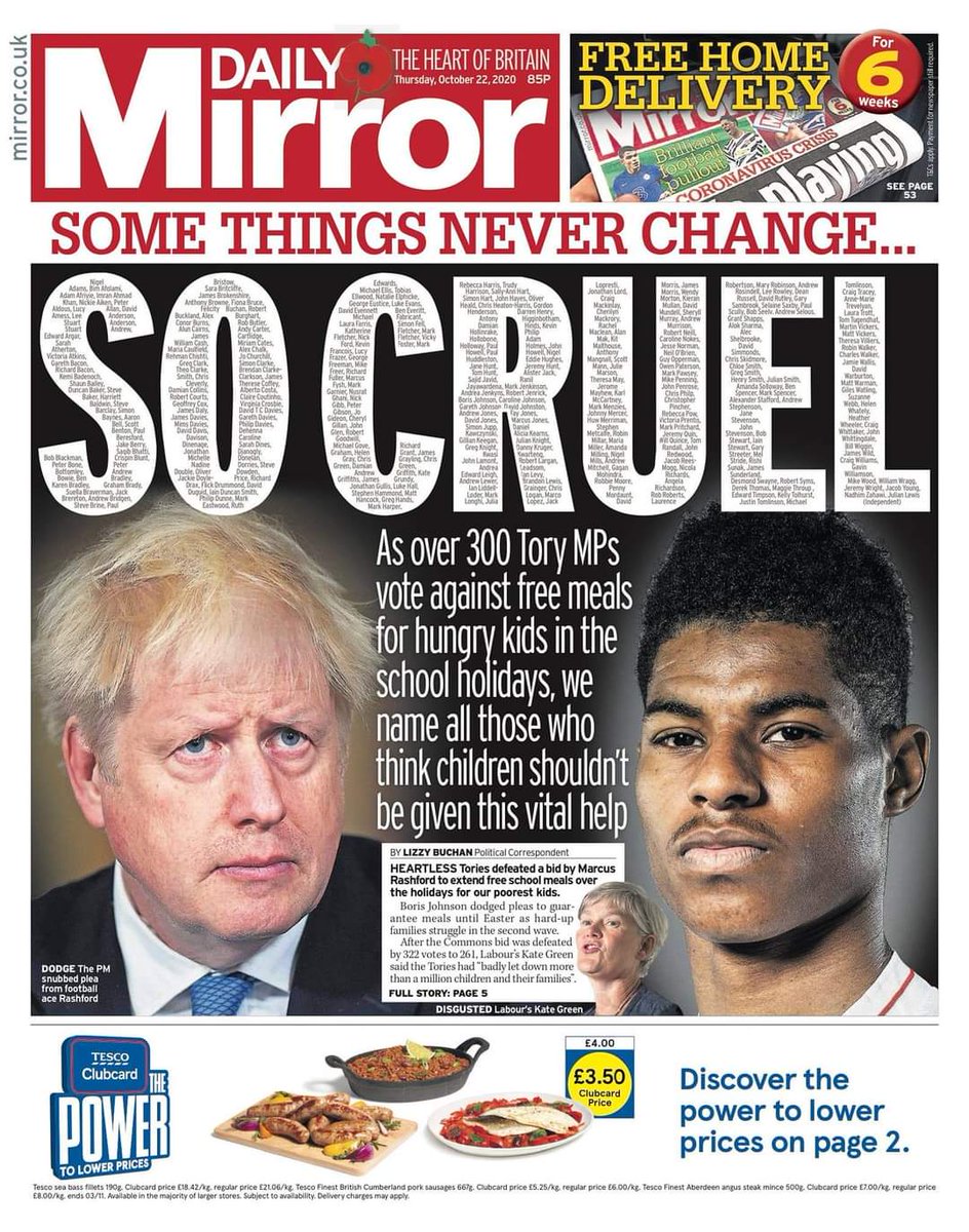 Poole_Labour's tweet photo. Today's front page of the Daily Mirror sums it up - so cruel.
@RobertSyms voted against free meals for hungry kids in the school holidays when over 23% of children are living in poverty in Poole.
#SoCruel #FreeSchoolMeals #PutPooleFirst https://t.co/DrF47xs9dE