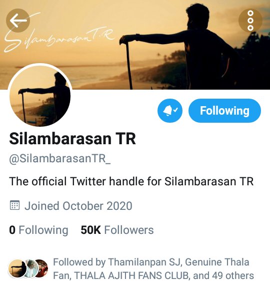 jegansubash's tweet photo. @SilambarasanTR_ 😍
50k 😍
#Atman #SilambarasanTR #STR #SilambarasanTR46 #STRbackonTwitter 🔥🔥https://t.co/MOq4TdHOBn