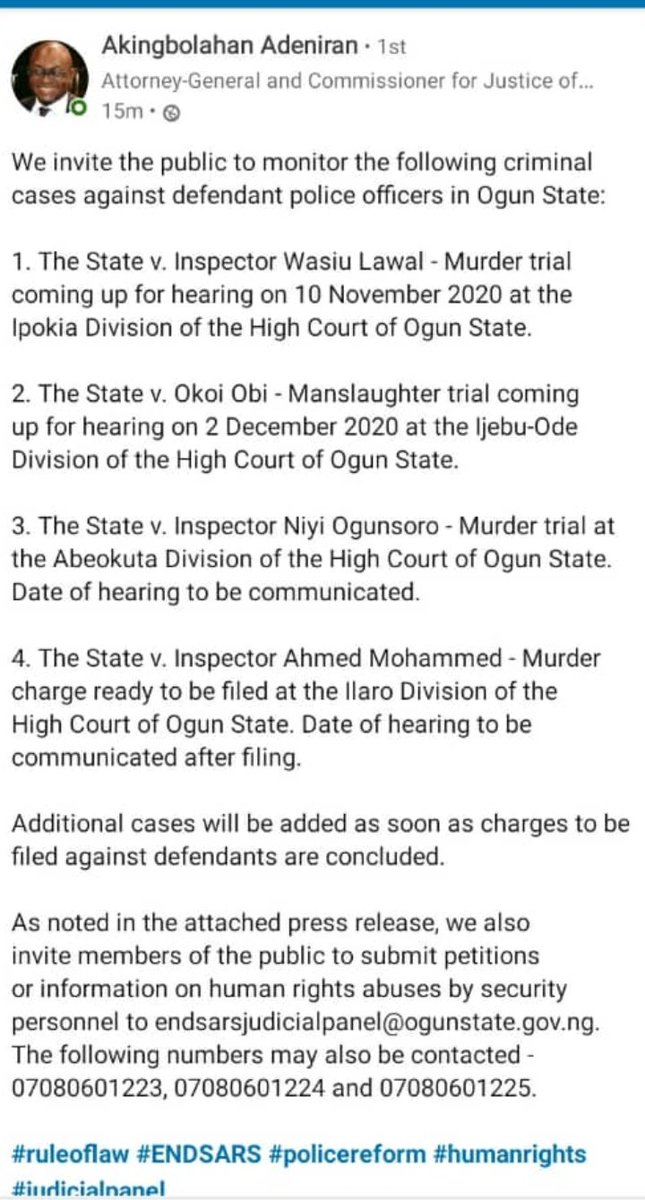 Ogun state's Attorney-General shared some upcoming cases that are coming up against security officials accused of extra-judicial shootings.Journalists, here is WHY and HOW to take him up on this offer, as in inroad to reporting  #EndSARS   ethically.Issa thread, sorry. 