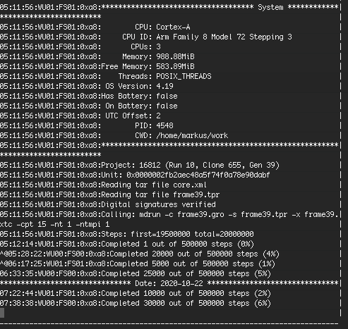 mastr79's tweet photo. Guess what - we are crunching using @esxi_arm #ESXionARM and @DevuanOrg VM on @Raspberry_Pi 4 for @foldingathome beta client since 3am. It needed some patience to receive WUs, currently calculations on two cores for project 16812 (non-#COVID19) #TechForGood @VMware @VMwareTAM https://t.co/TjszQzkqu6