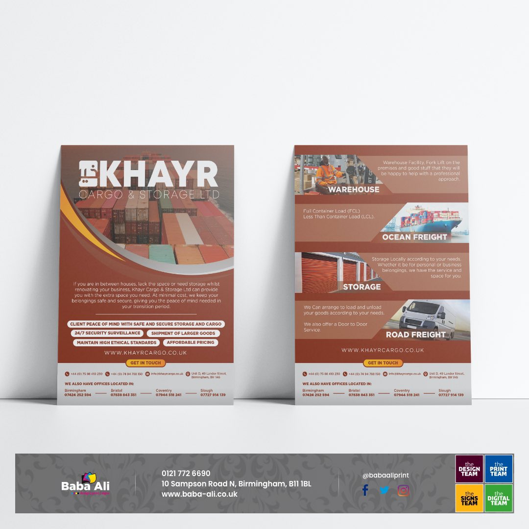 babaaliprint's tweet photo. Double Sided Flyers printed for Khayr Cargo &amp; Storage LTD..
.
.
#printdesigner #designeruk #printshop #ukdesign #printondemand #ukdesigner #ukdesigns #printer #ukdesigned #designbham #signboard #vansticker #printers #branding #BirminghamUK https://t.co/KzcyoBgiBt