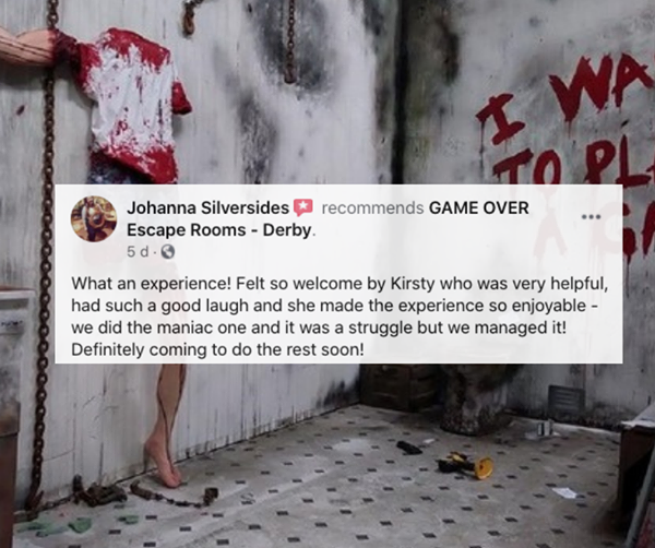 Escape_GameOver's tweet photo. #gameoverderby #derbyescaperooms #escaperooms  #testimonial #review #suchagoodlaugh #maniac #maniacroom #returningcustomer #gameover #derby #derbyshire #thingstodoinderby #solveourpuzzles #beatthetime #ruleofsix #escapegameoverderby #escapegameover https://t.co/TbbnGdDDDP