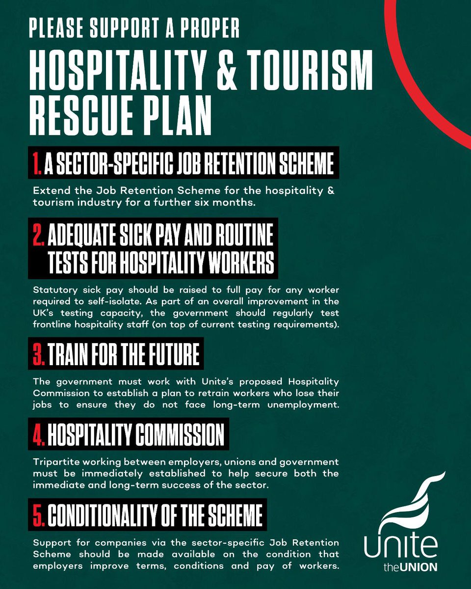 I fully support this hospitality and tourism rescue plan from @unitetheunion. It's imperative that the Government takes urgent action to protect these sectors and save the hundreds of thousands of jobs currently at risk.